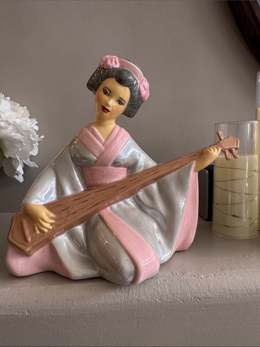 Japanese Ceramic girl with lute in kimono signed